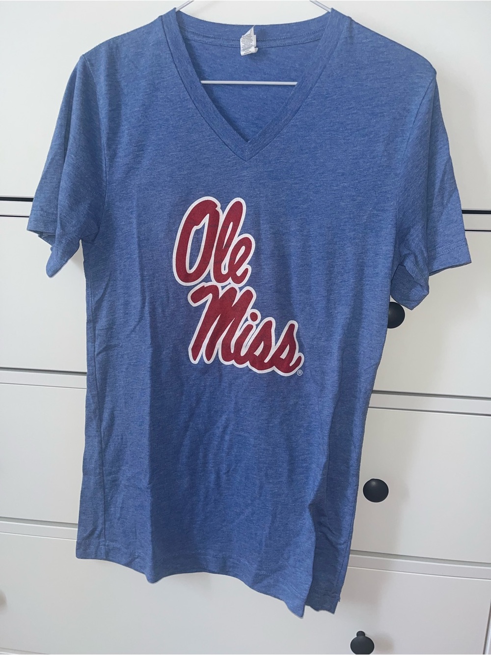 Ole Miss Blue V-Neck Tee with Red Script Logo
